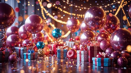 A vibrant and luxurious festive celebration scene filled with rich, shining colorful balloons floating gracefully across the space reflecting warm ambient light. Elegant strings of glowing fairy light