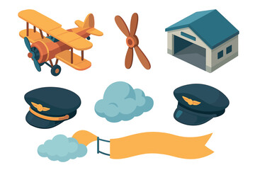 Cartoon aviation elements set features a biplane, propeller, hangar, pilot hats, and clouds with a banner, illustrating air travel concepts.