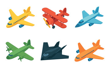 Six colorful cartoon airplanes representing various types of aviation, from passenger jets and biplanes to modern fighter and cargo aircraft, are displayed in an isometric flat design style.