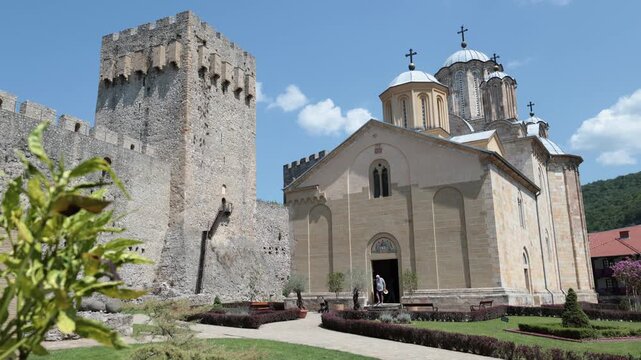 Church of Holy Trinity in courtyard of Manasija Monastery in summer 