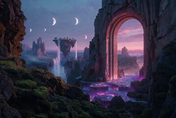 A mystical twilight landscape with a glowing archway, floating islands, and crescent moons