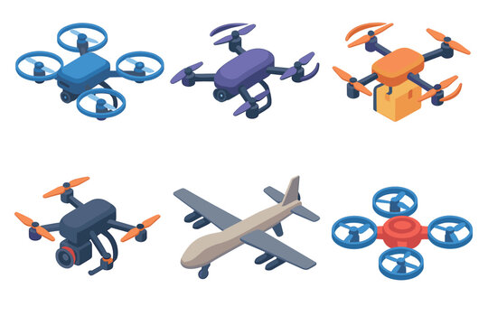 Various isometric drones and unmanned aerial vehicles showcasing modern technology for delivery, surveillance, and aerial photography in a collection of colorful illustrations.