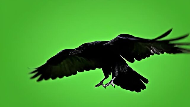 Black raven bird flying with wings spread against green screen