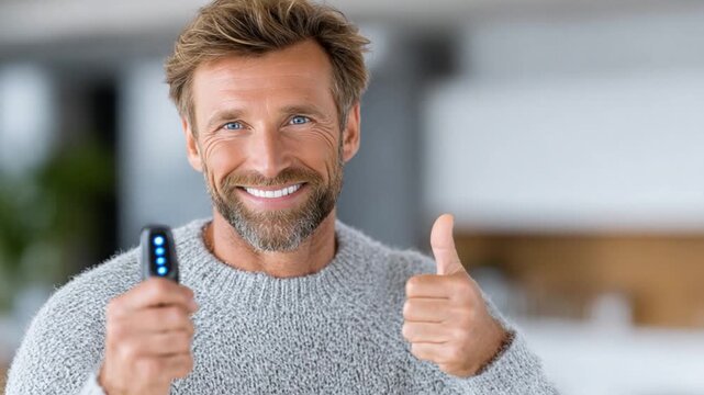 Cheerful Endorsement: A content individual, radiating positivity and confidence, displays a key fob and gives a thumbs-up. His cheerful expression underscores reliability.
