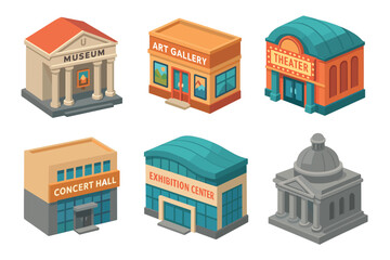 Isometric cultural and entertainment buildings set showcasing various public institutions like a museum, art gallery, theater, concert hall, and exhibition center.