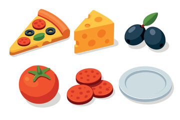 Various pizza ingredients and toppings are presented in an isometric flat design style, featuring cheese, tomato, olives, pepperoni, and a single slice of pizza.