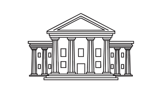 Black and white outline of a classical building with columns and pediment Keywords: building