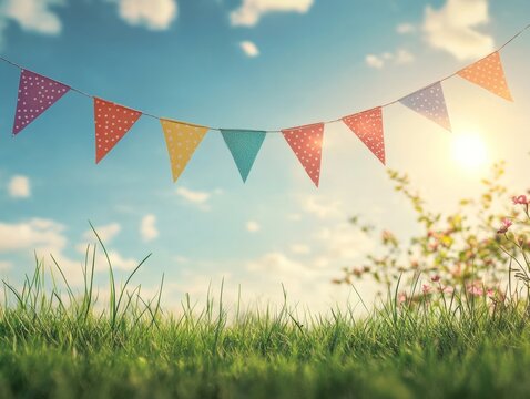 A vibrant row of multi-colored pennant banners hang against a sunny sky with fluffy clouds, set against a lush green field.
