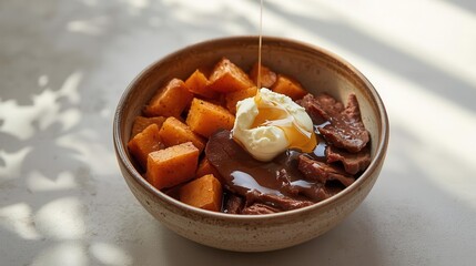Delicious hot honey cottage cheese and sweet potato beef bowl recipe kitchen food cozy close-up comfort food