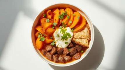 Savory hot honey cottage cheese sweet potato beef bowl kitchen food photography bright setting culinary delight