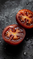 Fresh Cut Tomato Halves with Seeds and Juice Droplets - Culinary Food Photography