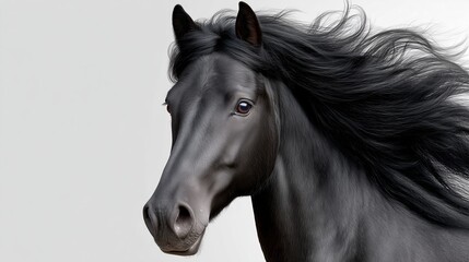 Fototapeta premium Closeup bay horse portrait mane flowing, intense gaze toward camera, glossy dark coat with detailed muzzle