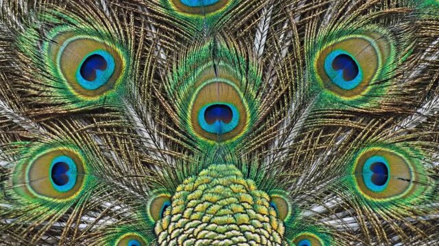 Vibrant Peacock Tail Feathers Close-up with Intricate Eye-spot Pattern