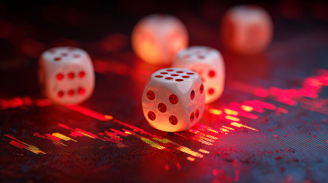 Dice Rolling on Digital Stock Market Graph - Financial Risk and Chance Concept - Powered by Adobe