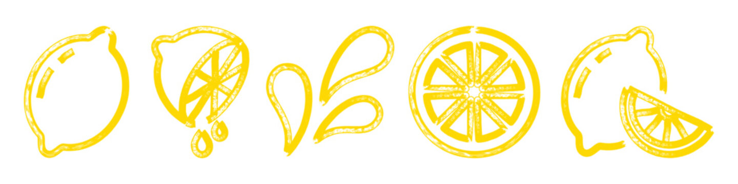Lemon icon set with lemon slices and juice splashes drawn with yellow marker. Hand drawn outline style with expressive line strokes. Line vector citrus drink and food elements isolated.