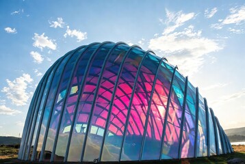 Iridescent architectural marvel shimmering with vibrant colors under a clear blue sky