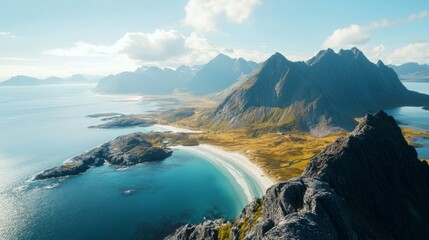 Aerial view of a tranquil fjord surrounded by rugged mountains under a cloudy sky