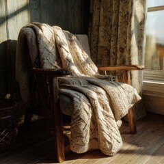 Cozy wooden armchair with knitted blanket in sunlight