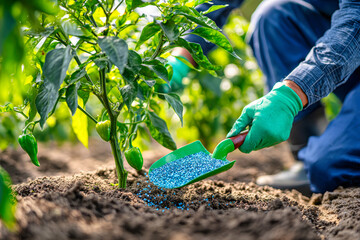 In a bright field, a woman in a blue apron uses a green shovel to disperse fertilizer under pepper seedlings, ensuring their healthy growth under natural light