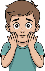 Obraz premium Cartoon boy with worried expression and freckles illustration for children's books