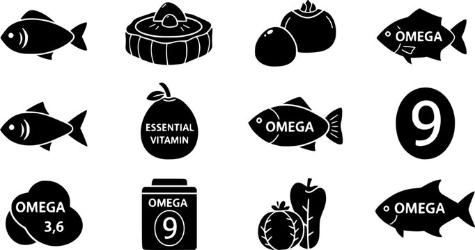Set of omega 3,6 and 9 vector icons. Fish fat. Essential vitamin. Healthy natural product. Vector 10 Eps.
