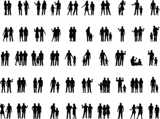 Diverse Family Silhouette Set Featuring Couples Parents with Children Toddlers and Multi Generational Families Standing Together for Community Social Inclusion and Lifestyle Vector Illustrations