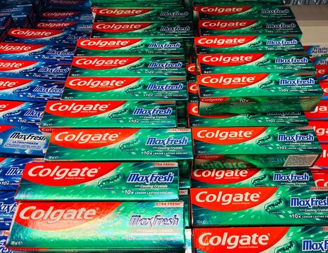 Netherlands, Denekamp, December 22. 2025, sing or lettering of Colgate Palmolive toothpaste Max Fresh with cooling crystals