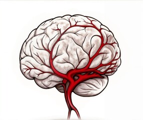 Anatomical human brain drawing in red and black design, isolated on white