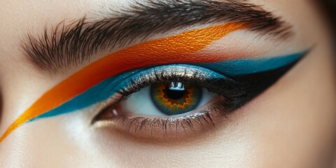An up-close image of a person's eye showcasing vibrantly colored eye makeup with orange, yellow, and blue hues.