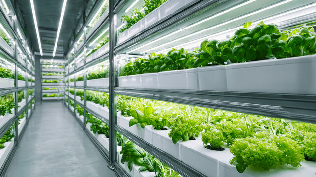 Indoor vertical farm features rows of green plants thriving in aeroponic systems. Modern white shelves with UV lighting support efficient urban agriculture