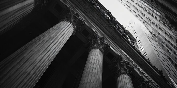 Fototapeta A monochrome street scene captures the juxtaposition of classical and contemporary design elements in a busy city environment.