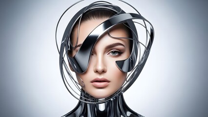 Futuristic robotic woman with metallic face shield and hood on white background