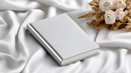 Elegant stationery display, Refined wedding guest book accented by soft lighting and roses