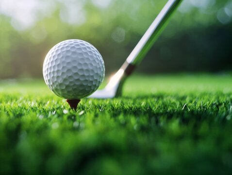 A single golf ball rests on the lush green turf of a golf course, ready for a swing with a club nearby. - Powered by Adobe