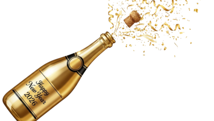 Golden Champagne Bottle with Happy New Year 2026 Label, Flying Cork and Confetti on Black Background for Luxury Festive Celebration Design