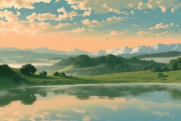 Serene morning light over a reflective lake with lush hills and distant snow-capped mountains