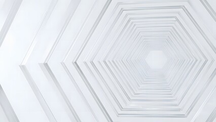 An abstract composition of nested hexagonal shapes in shades of white and gray creating an infinite tunnel effect