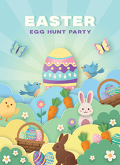 Easter poster or party invitation background with large egg, bunnies, birds, chick, baskets and carrots in paper cut style. Blue sky with sun rays and green grass layers with flowers