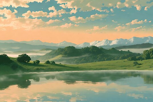 Serene morning light over a reflective lake with lush hills and distant snow-capped mountains - Powered by Adobe