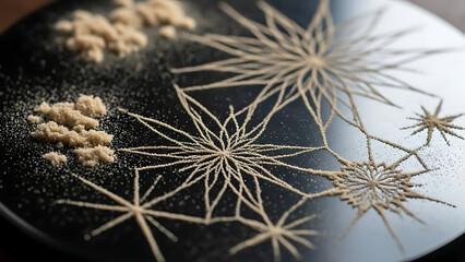 Delicate granular star patterns on a sleek dark surface, abstract textured art with fine details.