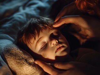 An adult's hand gently touching the head of a sleeping child in a dimly lit room with soft lighting, creating an atmosphere of restful serenity.