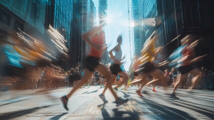 Group of runners racing at high speed during daytime with blurred motion effect.
