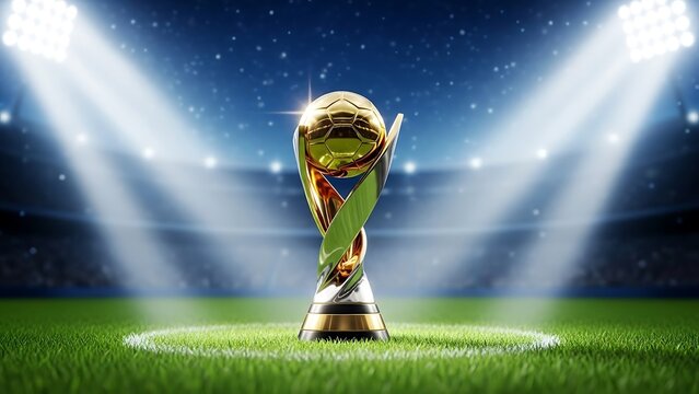 Golden soccer trophy with green base on grass field under stadium lights at night football
