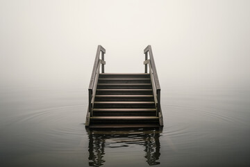Wooden staircase descending into calm water in misty minimalism