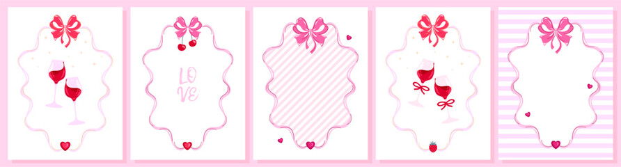 Set of pink Valentine day vintage card frames with preppy hearts, ribbons, sweet strawberries, cherries and wine glasses. Vector illustration for romantic graphic designs, wedding invites and festive 