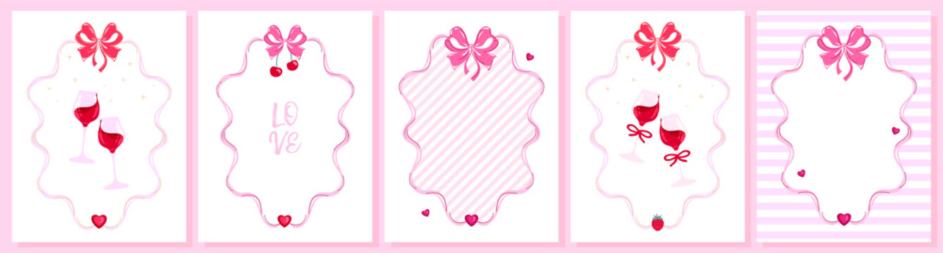 Set of pink Valentine day vintage card frames with preppy hearts, ribbons, sweet strawberries, cherries and wine glasses. Vector illustration for romantic graphic designs, wedding invites and festive 