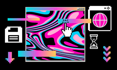 Vibrant retro UI tabs with swirling psychedelic patterns in neon pastels. Conceptual vector illustration for vaporwave aesthetics, retro computing nostalgia, digital surrealism, and glitch art.