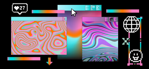 Vibrant retro UI tabs with swirling psychedelic patterns in neon pastels. Conceptual vector illustration for vaporwave aesthetics, retro computing nostalgia, digital surrealism, and glitch art.