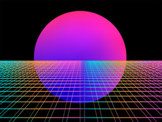 Neon-lit vector illustration featuring a large gradient sun rising over a perspective grid floor in vibrant retro colors. Conceptual vector illustration for synthwave aesthetics, 80s retrofuturism.