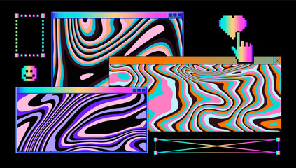 Vibrant retro UI tabs with swirling psychedelic patterns in neon pastels. Conceptual vector illustration for vaporwave aesthetics, retro computing nostalgia, digital surrealism, and glitch art.
